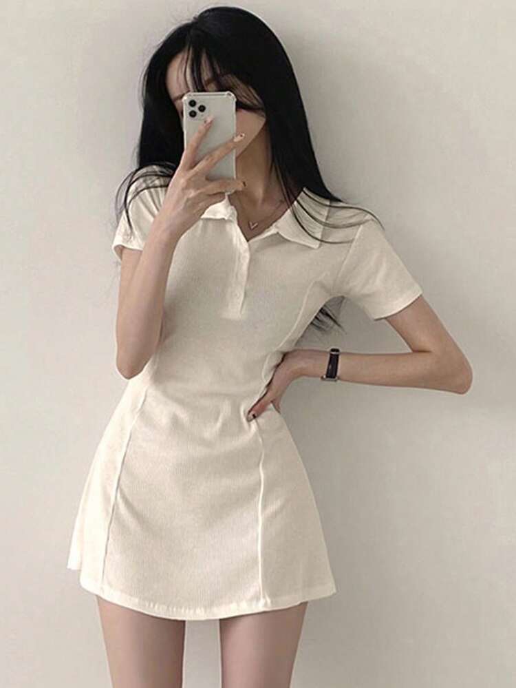Solid Color Button Front Half Placket Cinching Waist Midi Dress Sundress,Casual Women Dresses