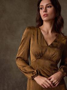 Lilora Elegant Satin Jacquard Deep V-Neck Waist Cinched Long Sleeve Women's Long Dress,Dresses For Women Elegant