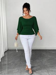 SHEIN Elenzya 大码女式针织高弹力喇叭袖圆领纯色优雅T恤 - 墨綠色 - 查看 3