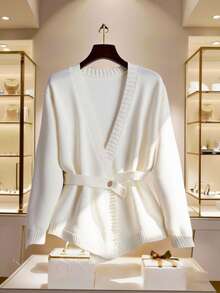 Regalyn Cárdigan de punto con diseño de cinturón, estilo francés elegante para mujer de talla grande