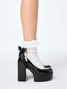 ROMWE Goth Women's Thick Sole Chunky Heel Pumps, Fashion Solid Color Pearl Buckle Lace Bow Decor High Heel Mary Jane Shoes, Suitable For Party, Outing, Date For Christmas Y2K 2000s Style - Black - View 5