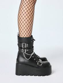 ROMWE Grunge Punk 2025秋冬新款圆头系带链条朋克厚底靴，皮革户外时尚一脚蹬中筒靴 - 黑色 - 查看 4