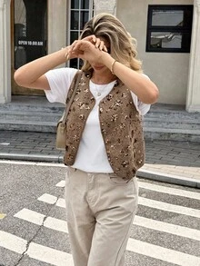 Serisse Chaleco de moda de una sola hilera con lentejuelas florales para mujer - Café integral - Ver 3