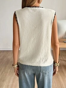 新款撞色刺绣圆领休闲百搭针织背心 - 杏色 - 查看 2