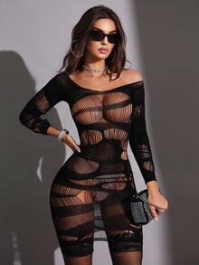 SHEIN 3pcs/Set Women's Sexy Long Sleeve Bodycon Dress With Thigh High Fishnet Stockings, High Stretch Semi-Sheer Hollow Out Fishnet, Suitable For Party, Ball, Nightclub - Black - View 1