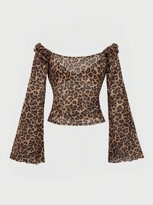 ROMWE Hippie Plus Size Vintage Off Shoulder Flare Sleeve Ruffle Hem Leopard Print Sheer Blouse For Women - Brown - View 2