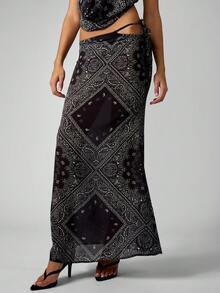 MISSGUIDED Bộ váy maxi in họa tiết khăn rằn kèm áo cổ yếm, thích hợp mặc đi biển mùa hè, kiểu sarong quấn, áo khoác ngoài đồ bơi, trang phục lễ hội, đi nghỉ mát. - màu đen - Xem 3