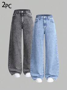 Sparklyn 2 件青少年女孩百搭宽松直筒休闲牛仔裤，修身贴身，适合春秋冬季日常休闲穿着