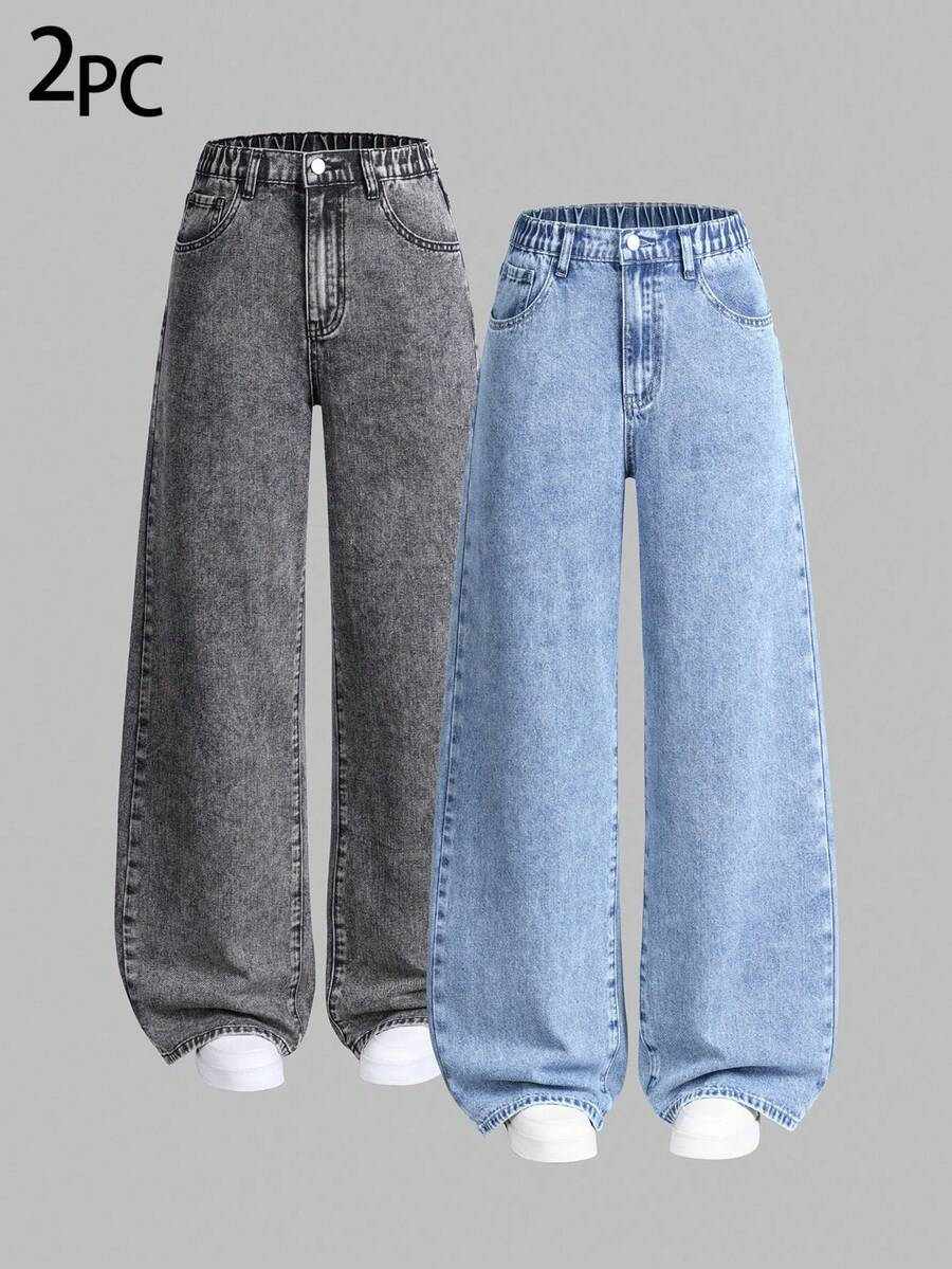 Sparklyn 2 件青少年女孩百搭宽松直筒休闲牛仔裤，修身贴身，适合春秋冬季日常休闲穿着