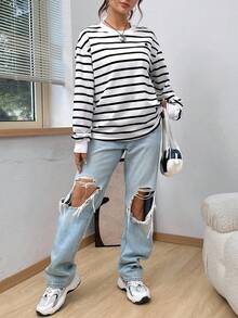 SHEIN EZwear 女式休闲宽松圆领长袖条纹运动衫，带骑士印花，秋季 - 彩色 - 查看 5