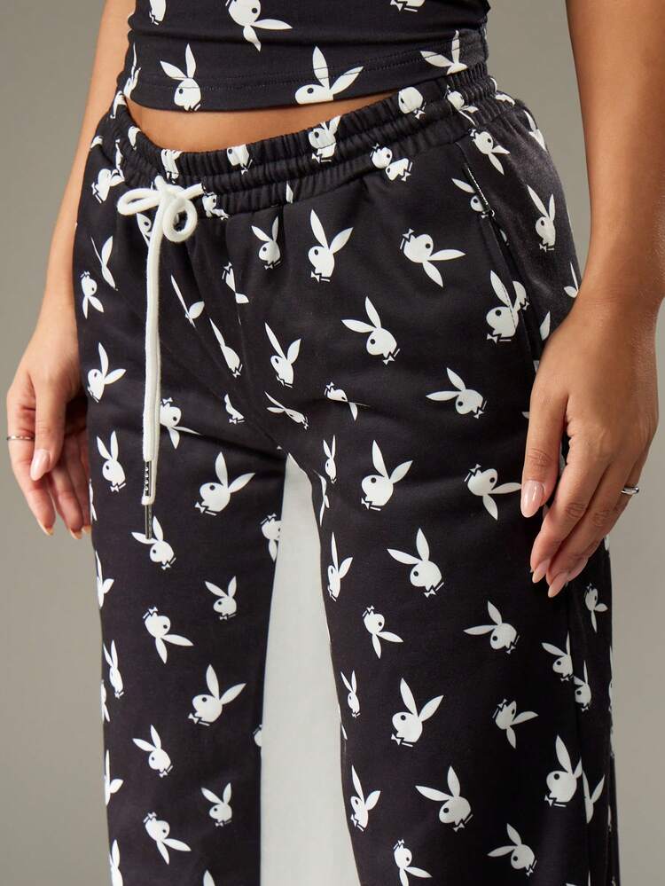 Missguided x Playboy Bunny Print Wide Leg Sweatpants With Drawstring Waistband For Casual Loungewear