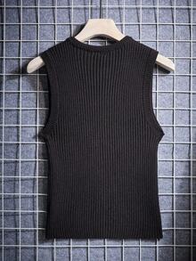 Manfinity Roghcode Men's Plain Single-Breasted Sleeveless Knit Tank Top, Summer, For Fall Winter - Black - View 2