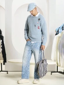 Manfinity CasualKnits Men's Casual Embellished Sweater, Autumn/Winter - Baby Blue - View 4