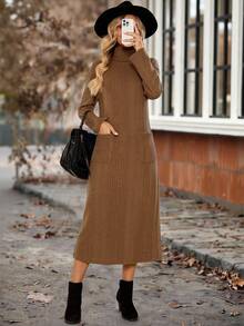 EMERY ROSE Women's Casual Solid Color Turtleneck Double Pocket Mid-Length Dress, Autumn/Winter  Autumn Outfits For Women  Winter Dress Women  Going Out Dress