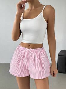 SHEIN شورتات قصيرة منخفضة الخصر مخططة للمراهقات للعطلات الصيفية والشاطئ والمنزل - وردي - مشاهدة 3