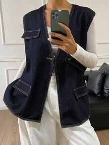DAZY 女式V领无袖宽松都市休闲牛仔背心 - 深色水洗藍 - 查看 3