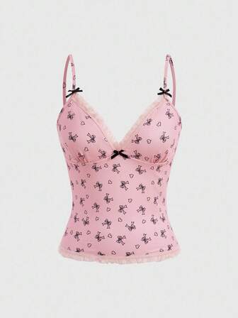 Kawaii Haut De Camisole À Bretelles Spaghetti Imprimée À Nœud Avec Garniture En Dentelle