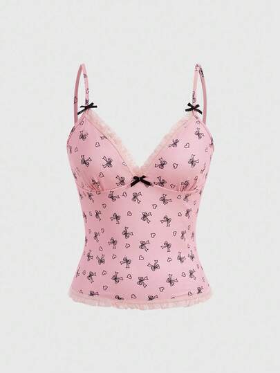 ROMWE Kawaii Bow Print Spaghetti Strap Camisole Top With Lace Trim