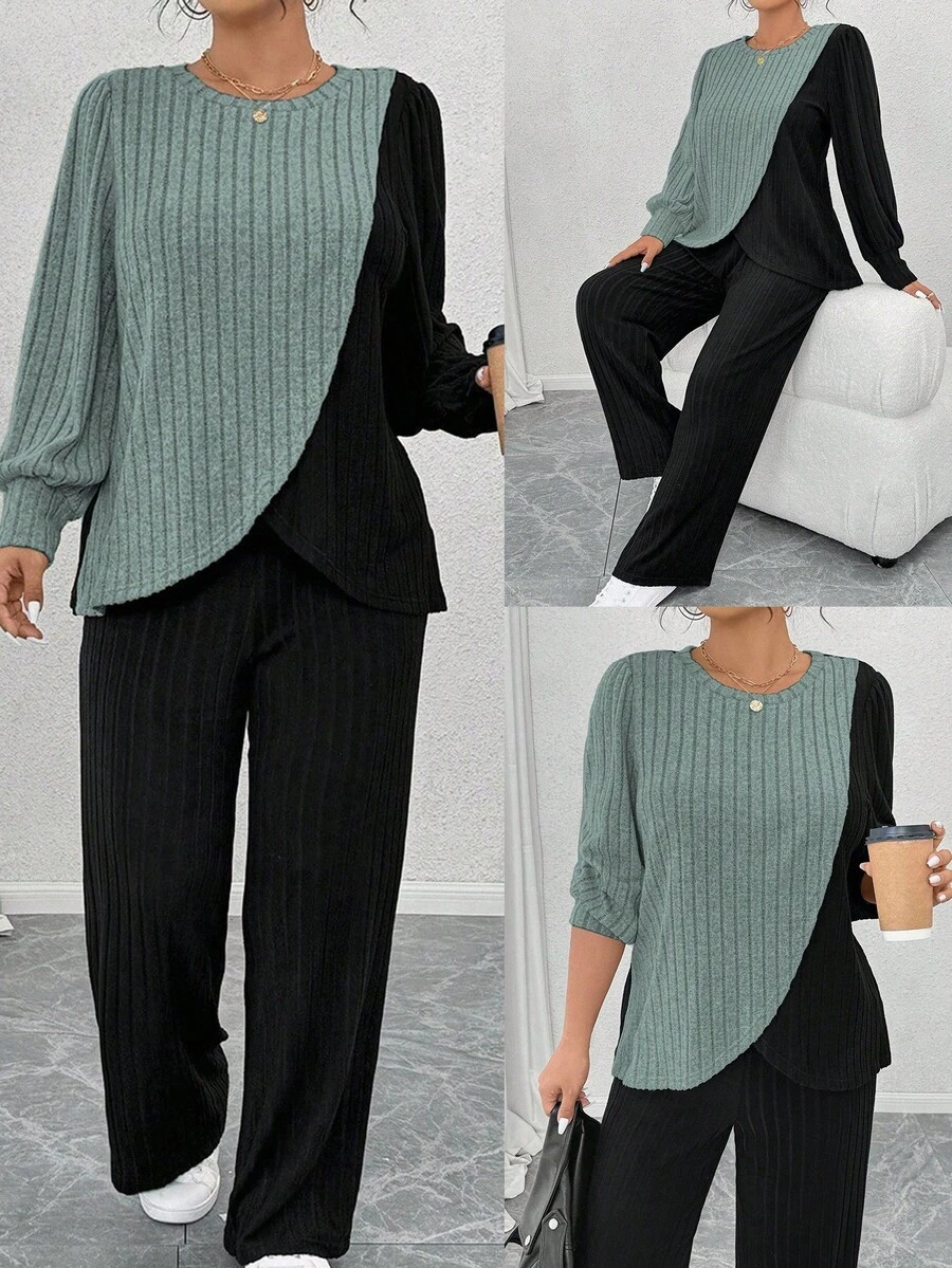 EMERY ROSE 加大码圆领长袖柔软针织罗纹拼色不对称拼接上衣和柔软针织罗纹直筒裤休闲家居服两件套 - 彩色 - 查看 1