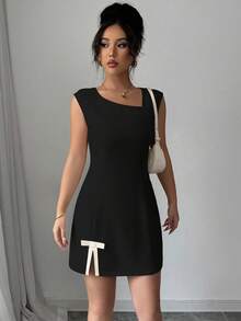 Rafferiza Boat Neck Color Block Patchwork Open Slit Bowknot Dress Fall Cloth For Women - Black - View 3