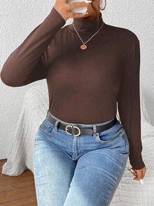 SHEIN Frenchy Plus Mock Neck Ribbed Knit Tee - Chocolate Brown - View 6