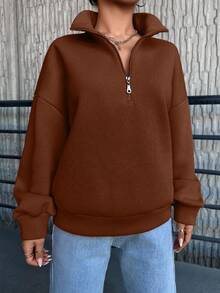 EURMUSE Women'S Solid Color Drop Shoulder Zip Up Sweatshirt - Brown - View 3