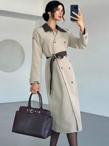 Firerie Women's Elegant Khaki Long Trench Coat,Colorblock PU Collar Fashionable Autumn Winter Clothes For Office,Casual Intellectual Outing Wear Trench Coat - Khaki - View 4