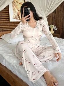 DAZY Conjunto de pijama de mujer con pantalón largo holgado y top corto con estampado de dibujos animados, ropa de otoño