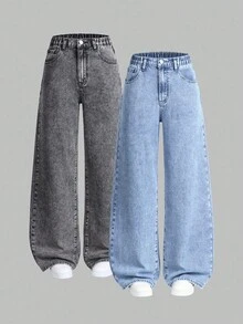 Sparklyn 2 件青少年女孩百搭宽松直筒休闲牛仔裤，修身贴身，适合春秋冬季日常休闲穿着