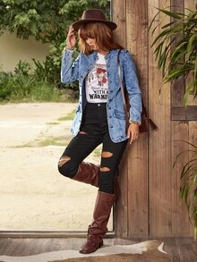 EMERY ROSE Women's Long Sleeve Single-Breasted Casual Versatile Denim Jacket Women Denim Jacket Blue Jean Jacket Acid Wash Denim Jacket Women Jean Blazer Denim Button Down Jacket - Blue - View 3