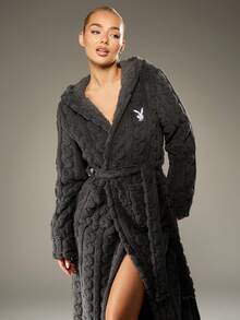 Missguided x Playboy Áo choàng tắm dài trùm đầu đan dây thừng Giáng sinh kèm thắt lưng - Màu xám đen - Xem 5