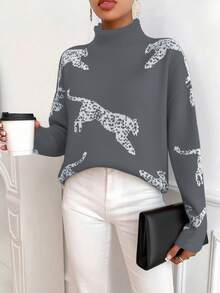 SHEIN LUNE 女式豹纹高领长袖休闲宽松毛衣，秋冬 - 灰色 - 查看 4