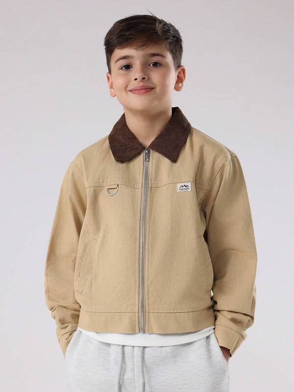 SUMWON 青少年男孩经典卡车司机夹克帆布实用夹克，带灯芯绒领子，秋冬休闲工作服，前拉链山地补丁