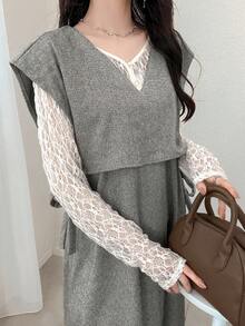 FRIFUL 女士时尚休闲V领人字纹长裙 - 卡其色 - 查看 5