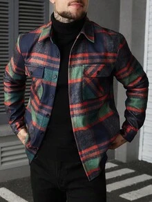 Manfinity Homme Men's Plaid Single-Breasted Casual Pockets Overcoat, Fall Winter - Multicolor - View 4
