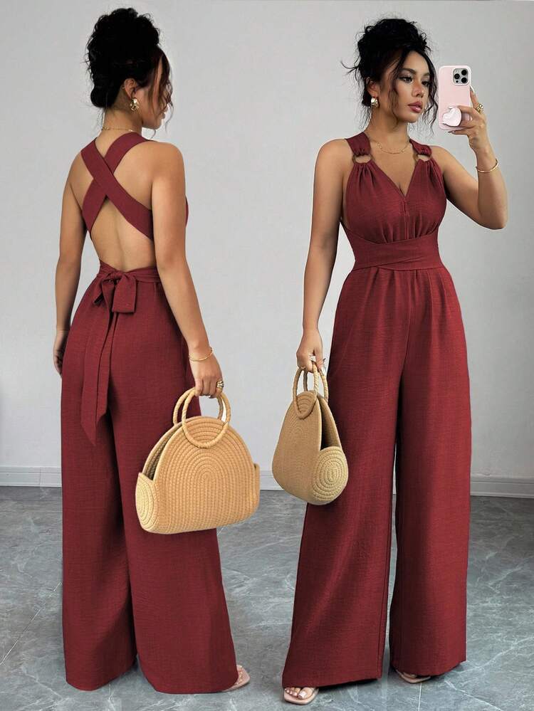 Selianne Women's V-Neck Tie-Waist Wide Leg Jumpsuit, Blue, Casual Summer Vacation Outfit - Burgundy - View 1