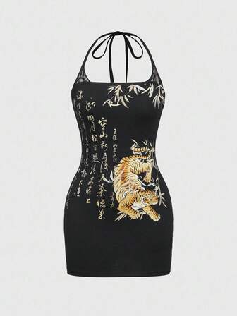 ROMWE Avant Abito mini aderente con collo alla halter, pizzo a contrasto e stampa tigre calligrafica in stile vintage Y2K