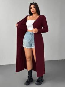 SHEIN EZwear 秋冬大码勃艮第纯色修身休闲开衫 - 酒紅色 - 查看 7