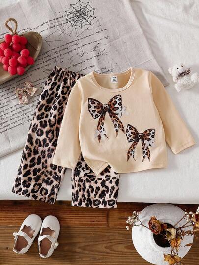 SHEIN Baby Girl Leopard Print Bow Decor Round Neck Long Sleeve T-Shirt And Leopard Print Pants Casual Outfit Fall Winter