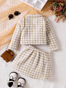 SHEIN Elladie kids 年轻女孩杏色格子时尚长袖夹克搭配舒适百褶裙，秋冬套装 - 杏色 - 查看 2