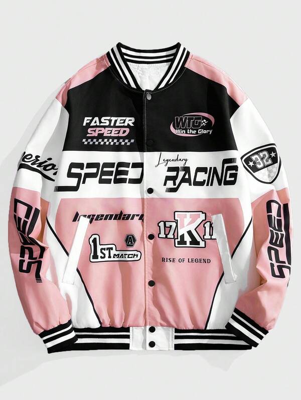 NEON BLANC Chaqueta casual de manga larga con cierre de botones delanteros, cuello de béisbol, estampado de letras y contraste de colores tejidos, para otoño e invierno