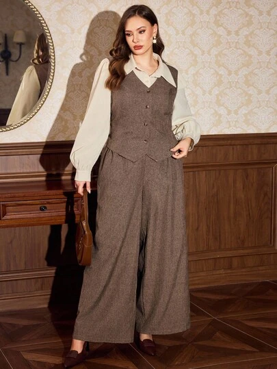 Vintamour 大码女士复古西装套装，卡其色西装，复古女士两件套西装套装，通勤办公服装，女士秋季西装，秋季两件套