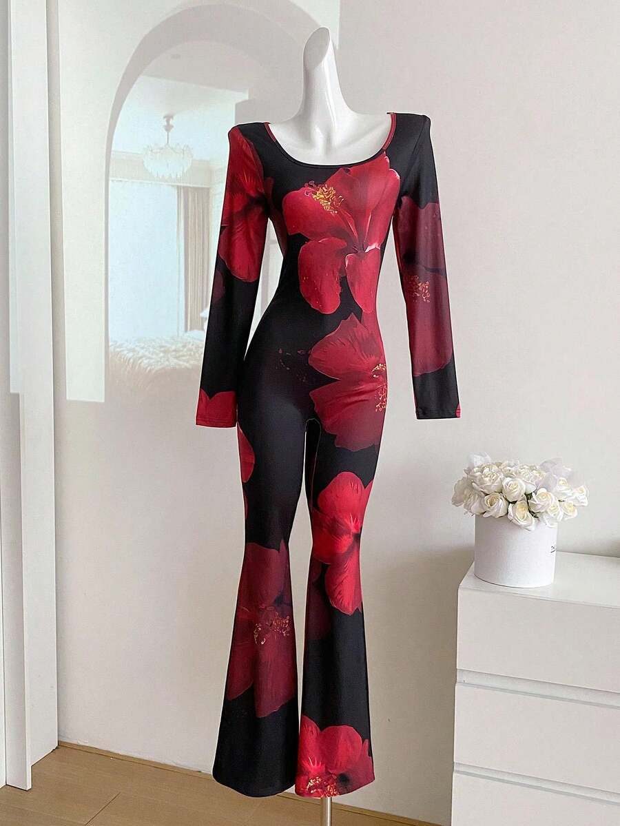 SHEIN 1pc Floral Print Jumpsuit For Teen Girl High Stretch Tight Fitting, Crew Neck Long Sleeve, Autumn Fall Winter - Black - View 1