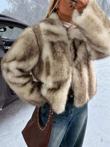 Muchica Chaqueta de mujer con cuello de piel sintética y manga larga, para otoño/invierno - Albaricoque - Ver 5