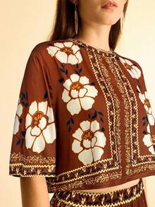 2pcs/Set Women Printed T-Shirt And Wide Leg Pants - Brown - View 4