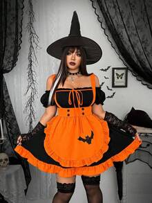 Whyspr Váy hở vai họa tiết dơi Halloween cỡ lớn, dành cho tiệc Halloween - Nhiều màu - Xem 4