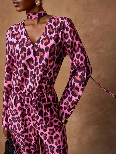 Zivah 20  Autumn New Arrival Suitable For Birthday Party, Banquet, Back To School, Collegiate Style, Student Wear, Daily Casual, Cruise Travel, Fashionable, Streetwear, Elegant, Commute, Business Casual V-Neck Long Sleeve Fitted Waist With Elastic Band, Straight Leg Wide Pants, Pink Leopard Print, Detachable Waist Tie As Scarf, Women's Autumn Jumpsuit