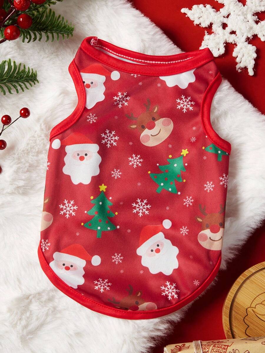 PETSIN 1件宠物圣诞猫狗通用红色圣诞老人圣诞树麋鹿全卡通插画可爱印花弹力舒适狗狗圣诞背心 - 彩色 - 查看 1