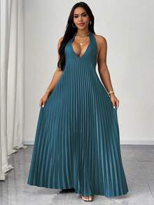 Maweii 大码浪漫优雅性感夏日度假系带褶皱缎面连衣裙 - 水鴨藍 - 查看 5