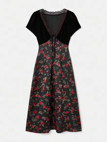 lacRébo Black Floral Print Long Dress With Velvet Bodice And Lace-Trimmed Neckline Fall Women Clothes Autumn Winter French Style Dress